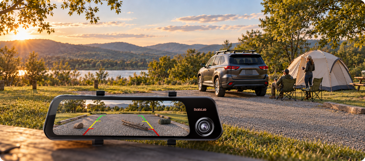 NV900 reversing view at a campsite